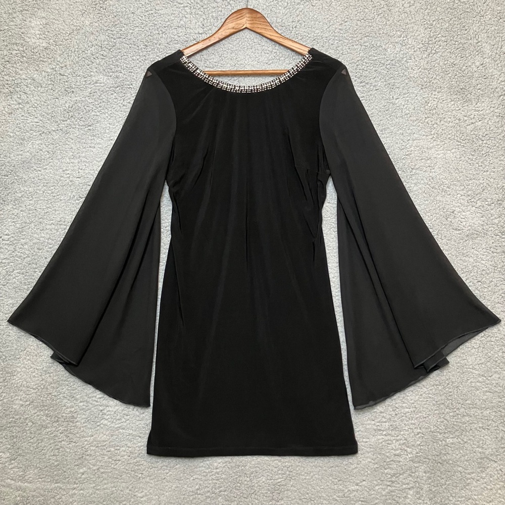 VTG City Triangles Mini Dress Women L Black Sheer Bell Sleeve Witchy Whimsigoth